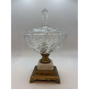 Vintage Cut Crystal Lidded Bowl on Gilt Metal & Marble Base – Hollywood Regency
